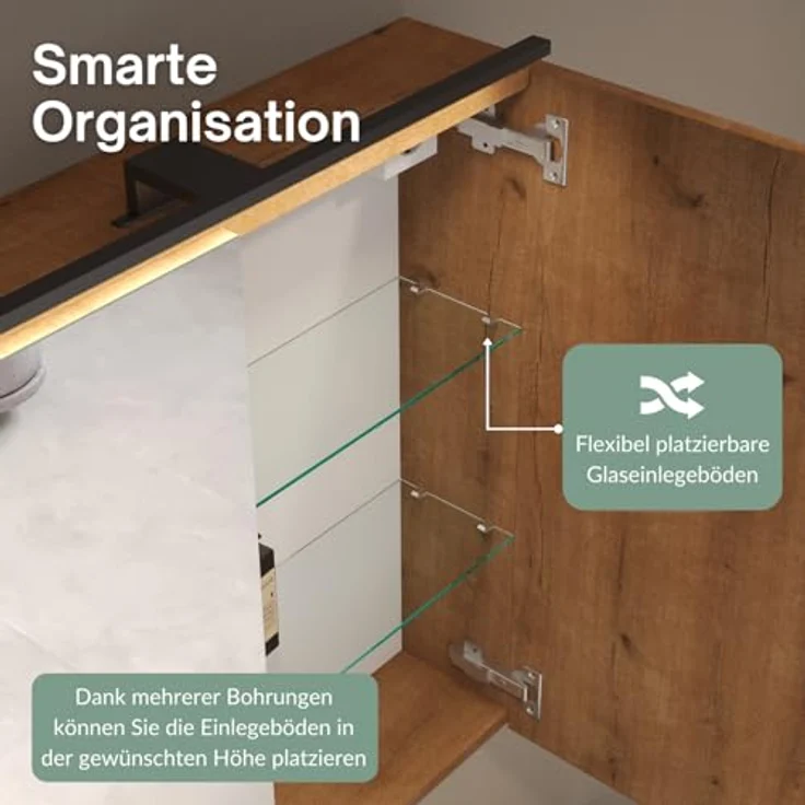 Planetmöbel ARIA Spiegelschrank Bad mit Beleuchtung 80 cm breit | Badschrank hängend mit Spiegel | Gold Eiche, mit Leuchte und Steckdose, Spiegelschrank Gäste WC 80 x 70 x 16 cm – Bild 5