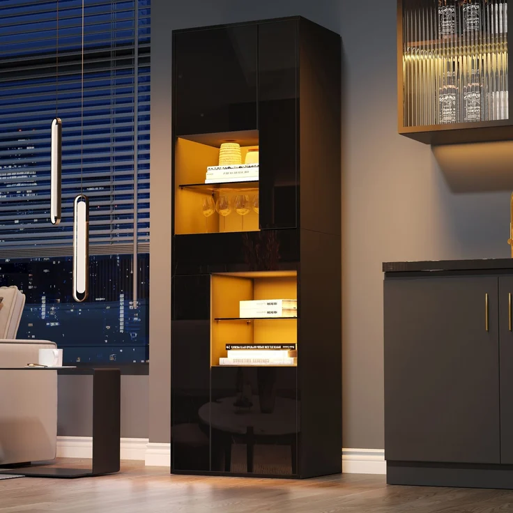 55*38*170cm Verkaufsvitrine, Hochschrank mit 1 Schublade und 4 Schränken,Glasvitrine Vitrinenschränke mit led , Vitrinen Mit Hochglanz-Design,Wohnzimmerschränke, Vitrinen, Schaukästen,Schwarz--Schwarz--55x38x170cm--YOUDENOVA – Bild 5