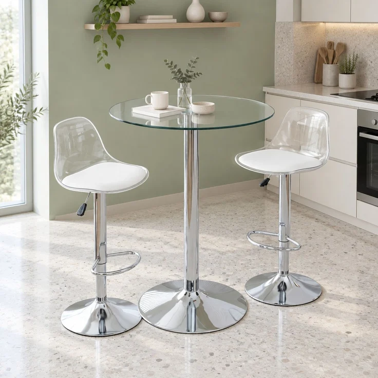 Bartisch-Set mit Glasplatte, 2 höhenverstellbaren Drehhockern, Ø 89x92 cm, Silber/Transparent – Bild 4