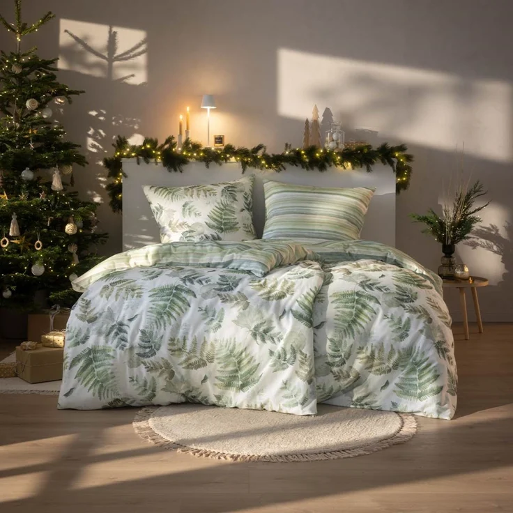 Estella Kuschel Flanell Bettwäsche 155x220 Fern Leaves Blätter Wende grün 4469-530 – Bild 1