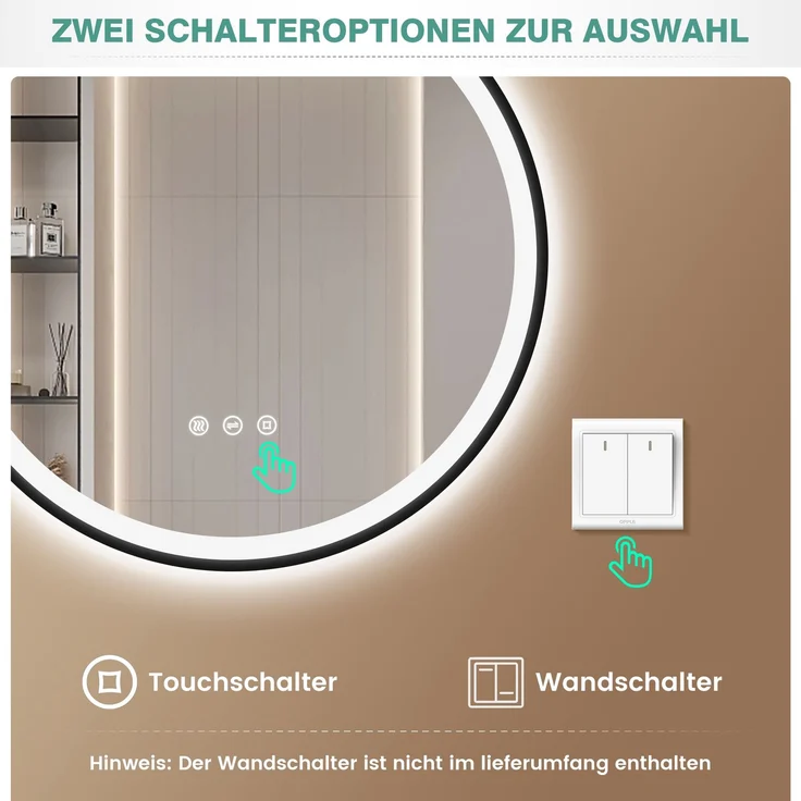 PESENXAN LED Badezimmerspiegel 70 cm, runder Wandspiegel mit Beleuchtung, 3 Lichtfarben, dimmbar, Anti-Beschlag, Touch-Schalter, Memory-Funktion, energiesparend, schwarzer Rahmen – Bild 4
