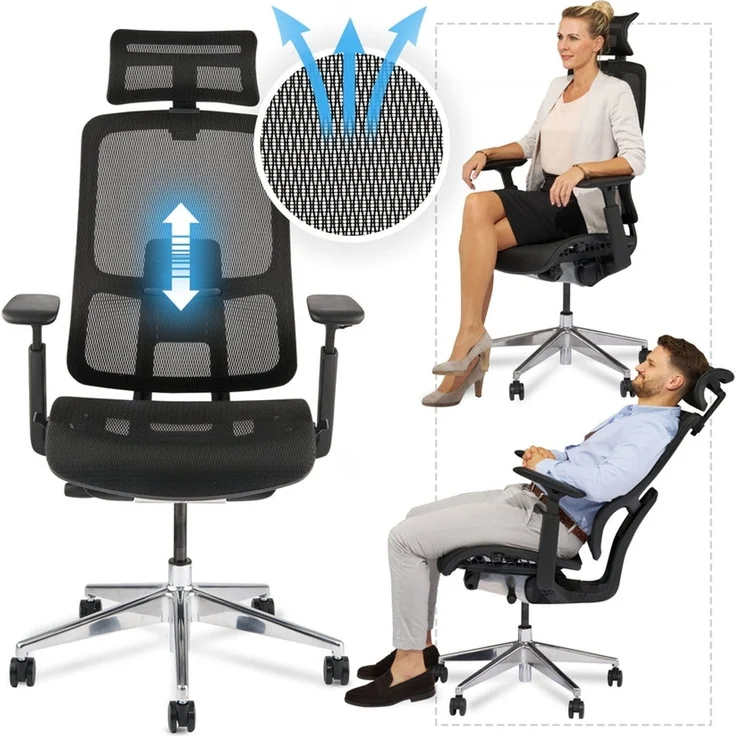VALKENSTOL M6 MESH-SITZ Bürostuhl ergonomisch bis 1,95m - 5 Jahre Garantie - Schreibtischstuhl mit verstellbarer Sitztiefe - Lordosenstütze – Bild 1