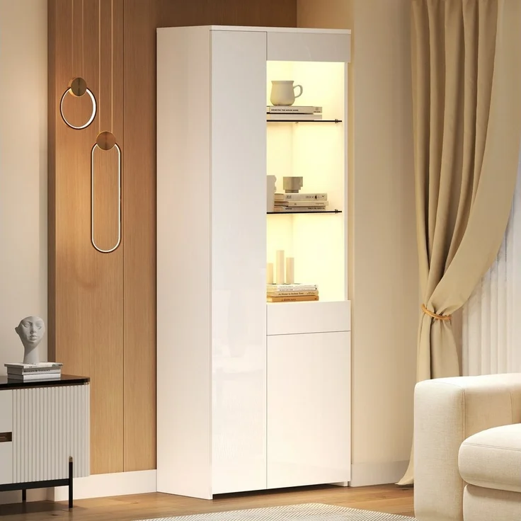 Merax Glasvitrine hochglanz Vitrine mit LED (70*35*180cm, 1-St, Hochschrank Standregal Schrank) Standvitrine Highboard mit Glasfächern, Schublade & Push-to-Open Türen – Bild 2