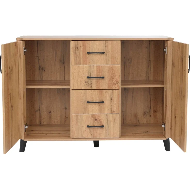 Kommode HWC-P42, Sideboard Schrank Anrichte, 4 Schubladen Staufächer 2 Türen, MDF 92 x 120 x 40 cm ~ Wotan-Eiche-Optik – Bild 7