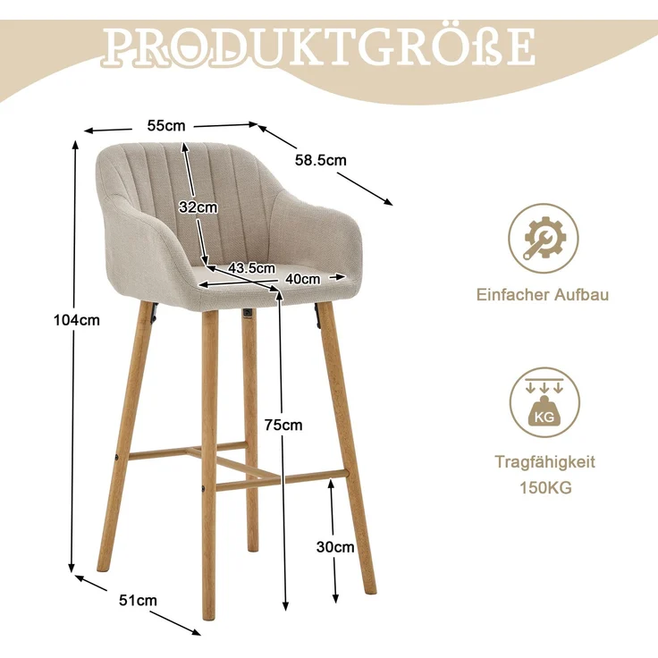 LVHOM Barhocker 2er Set, Barstühle mit Rückenlehnen und Armlehnen, Tresenhocker mit Holzbeinen, Tresenstuhl Stoff, Beige – Bild 5