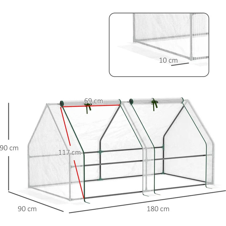 MELAYR, Mini-Terrassen-Gartengewächshaus, 180 x 90 x 90 cm, Stahlrohr-Hüttentyp, mit 2 Rollfenstern, weiß, für Zuhause – Bild 5