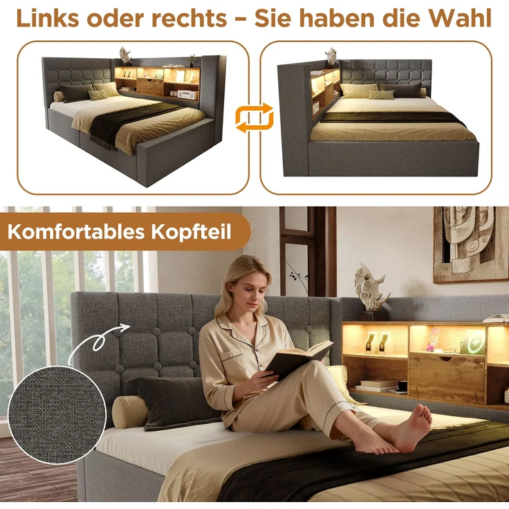 EINHOM Polsterbett 90 x 200 cm Einzelbett mit LED-Beleuchtung, Hydraulischem Stauraum, L-Förmigem Kopfteil mit Stauraum, Beidseitig Montierbar, Lattenrost, Leinenstoff, Grau, (Ohne Matratze) – Bild 4