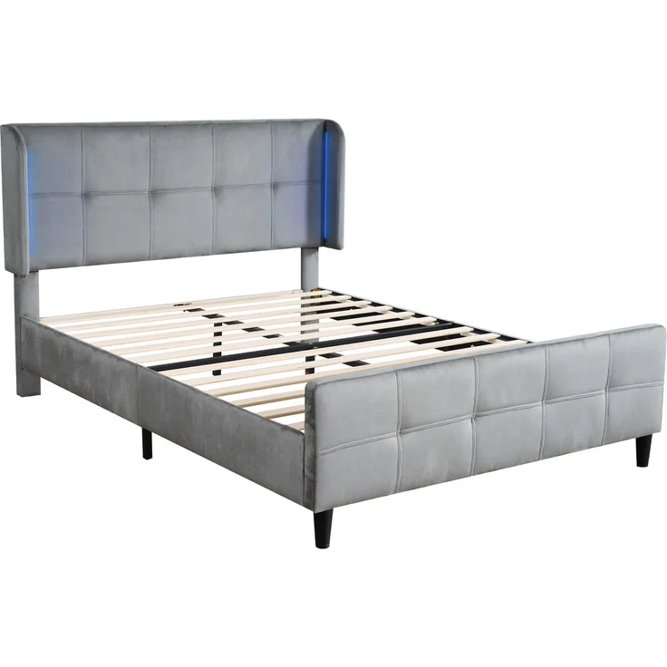Polsterbett 140x200 Grau mit LED 16 Farben, Samt Doppelbett mit gesteppter Lehne, höhenverstellbarem Kopfteil, modernes LED-Bett – Bild 8