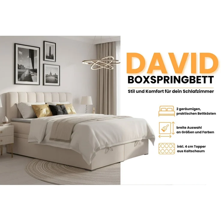 Deine Möbel 24 Boxspringbett DAVID Boxbett Polsterbett Komplettbett Bett mit einer Matratze H4 (Taschenfederkernmatratzen 7 Zonen H4 Creme Grau Hellgrau Schwarz Anthrazit Beige Samt Velour, 3-St, Taschen-federkernmatratze 7 Zonen H4 PREMIUM Bett), 120x... – Bild 3