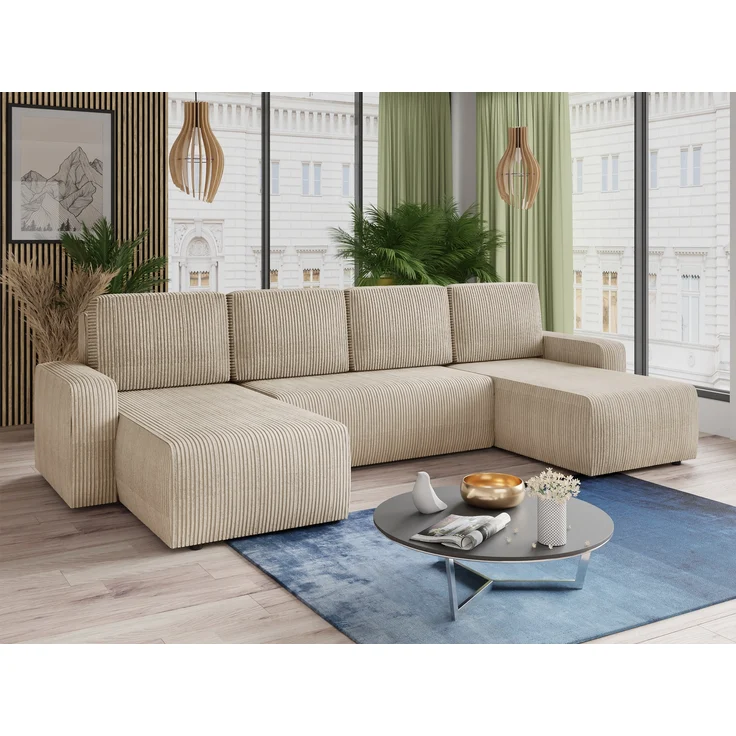 Wohnlandschaft mit Schlaffunktion Roma - U-Form Couch, Schlafsofa mit Bettkasten, Couchgranitur mit Bettfunktion, Big Sofa, Cord Stoff (Beige (Poso 100)) – Bild 1
