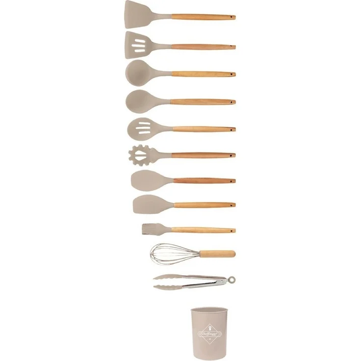 12-tlg Küchenhelfer Kochbesteck Set Kochgeschirr Silikon Holzgriff Beige – Bild 2