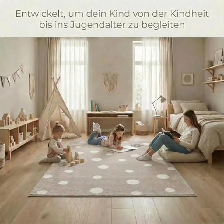 Jimri Kinderteppich DOTS l Pünktchen Gepunktet l Öko-Tex Siegel | Farbe: Beige Blau Rosa | Kinderzimmer/Jugendzimmer (Beige, 120x170 cm) – Bild 8