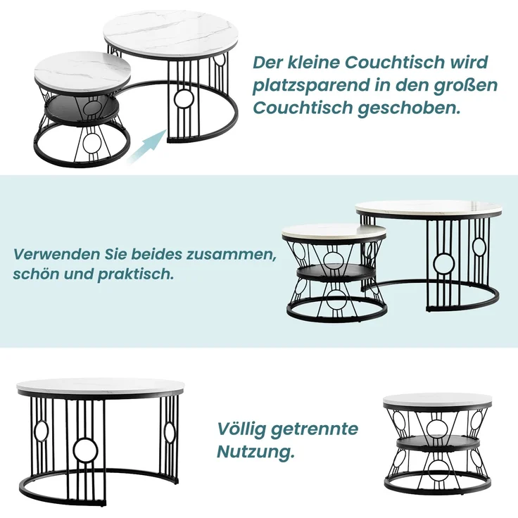 2er-Set Couchtisch nestbar 70x70x45 + 45x45x37 cm, MDF & lötstellenfreier Metallrahmen, Safety-Design – Bild 6