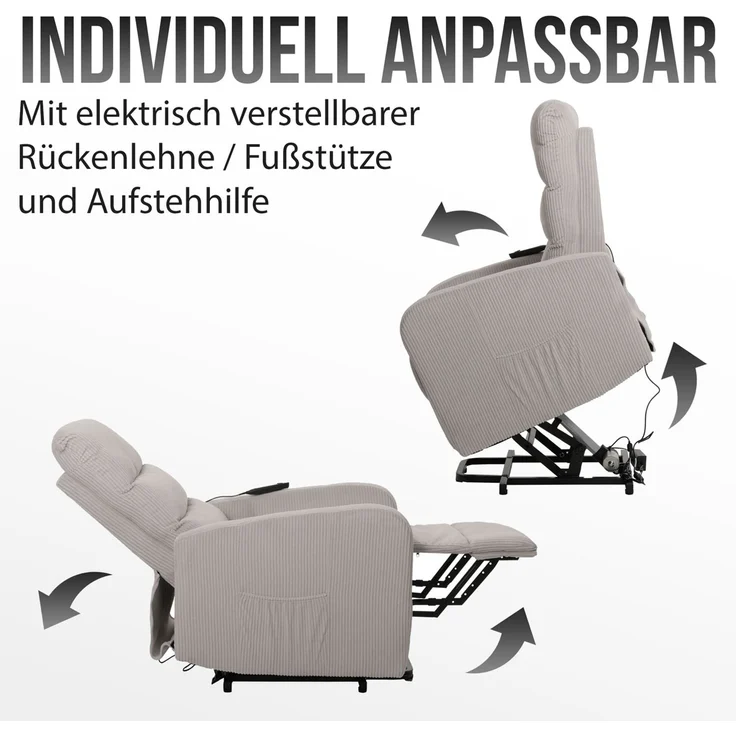 Fernsehsessel HWC-K62, Relaxsessel TV-Sessel Liege, Liegefunktion Aufstehhilfe, Metall Stofff/Textil Cord ~ hellgrau – Bild 3