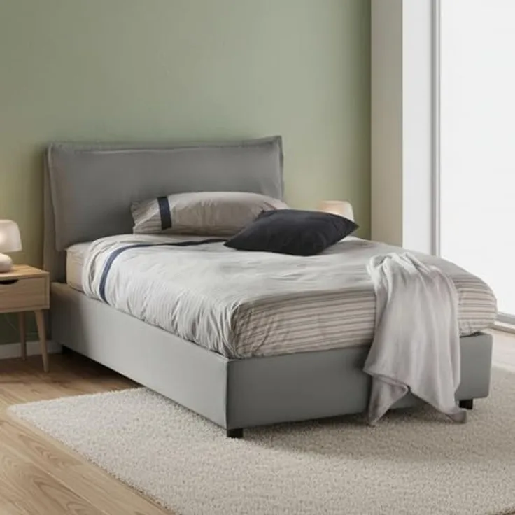Talamo Italia Bett Veronica eineinhalb mit Container, Made in Italy, Kopfteil und Bezug aus Stoff, Frontöffnung, passend für Matratze 120x190 cm, Grau