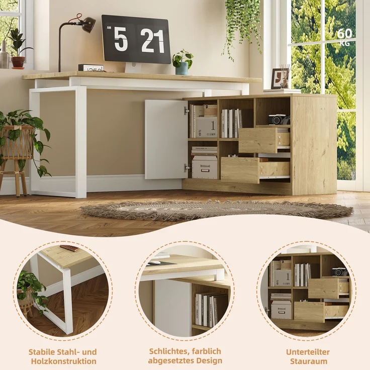 Flieks L-förmiger Schreibtisch 152x113.5x76 cm, Bürotisch mit 2 Schubladen, 3 offenen Regalen & 1 Schrank, Naturholzfarbe & Weiß – Bild 6