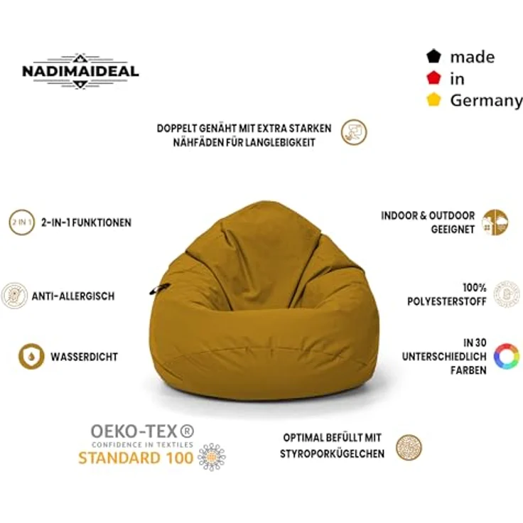 Nadimaideal Sitzsack Tropfenform Kastanie | Bodenkissen für Kinder & Erwachsene | Indoor & Outdoor | Gaming Sitzsack - Sitzkissen - Beanbag | Füllung EPS Perlen (Sand, XXL-Durchmesser 88 cm) – Bild 4