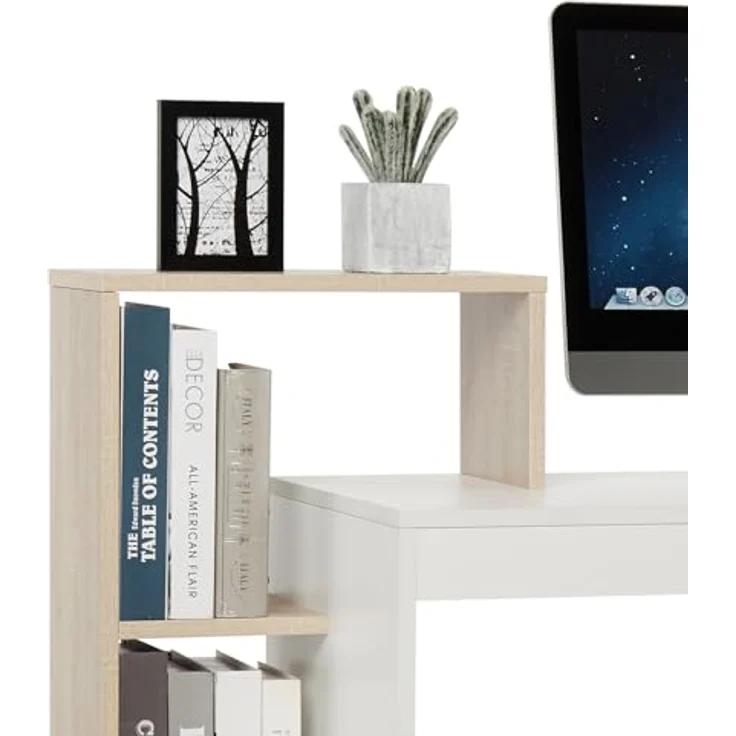 Mondeer Kleiner Schreibtisch, Moderner Computertisch mit 3-stöckiges Regal, Platzsparend, 110 x 40 x 92 cm, Geeignet für Heimbüro Arbeitszimmer Kleiner Platz, Weiß und Eichefarben – Bild 6