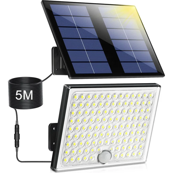 Realky Solarlampen für Außen,Solarleuchte mit Bewegungsmelder,113 LED Solar Strahler IP65 Wasserdichte Solar-Split Wandleuchte mit 5m Kabel für Garage, Garten, Hof, Stufen, Haustüren, Rasen - 1 Stück
