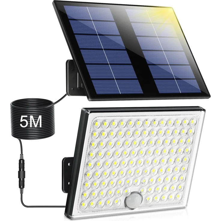 Realky Solarlampen für Außen,Solarleuchte mit Bewegungsmelder,113 LED Solar Strahler IP65 Wasserdichte Solar-Split Wandleuchte mit 5m Kabel für Garage, Garten, Hof, Stufen, Haustüren, Rasen - 1 Stück