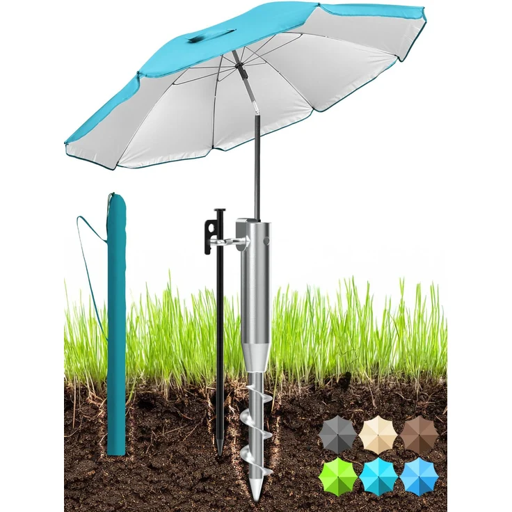 Menz Sonnenschirm Strand 3-in-1 Set Ø180 cm Türkis - Strandschirm windfest stabil mit UV50+ Sonnenschutz, Eindrehbodenhülse Sonnenschirm & Schutzhülle – höhenverstellbar & neigbar