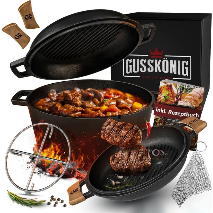 Dutch Oven Set 2in1 5 l aus Gusseisen – mit Ledergriffen, Ringreiniger & Untersetzer, für Grill, Lagerfeuer, Herd & Backofen – Bild 1