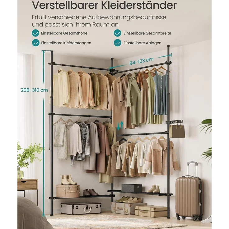 Songmics deckenhocher Kleiderständer, höhen- und breitenverstellbar, mit abnehmbaren Ablagen, Stahl / Kunststoff mattschwarz, 33,5 x (162-238) x (208-310) cm – Bild 4