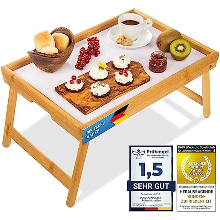 Dimono Tabletttisch Frühstückstablett Bambus Bett-Tablett, Serviertablett Betttisch