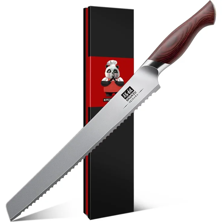 SHAN ZU Brotmesser 25cm, Japanischer Sägezahnmesser für Brot & Kuchen, Brotschneidemesser mit 10CR15Mov Hoher Kohlenstoff Edelstahl -Scharfe & Ergonomischem Pakkawood Griff - Okinawa -Serie