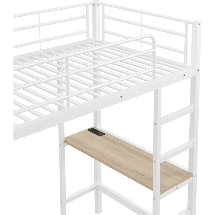 EINHOM Hochbett, 90 x 200 cm, Bett mit Schreibtisch, mit Steckdose und USB, Mehrere Regale, Offener Lagerschrank, Geländer, Leiter, Eisenrahmen, Weiß (Ohne Matratze) – Bild 7
