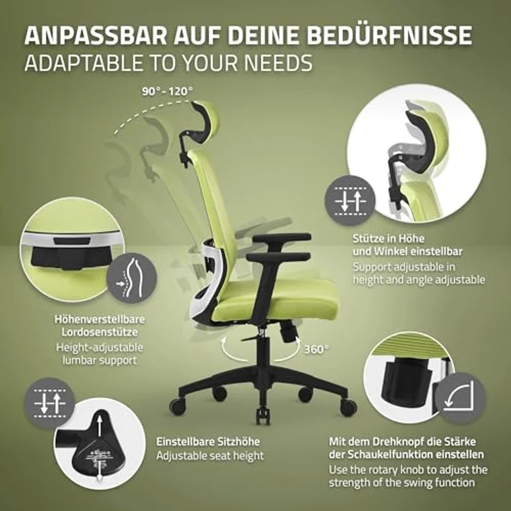 ML-DESIGN Drehstuhl, ergonomischer Schreibtischstuhl in Grün, höhenverstellbar, 66x123x68 cm, ideal für Arbeitszimmer – Bild 6