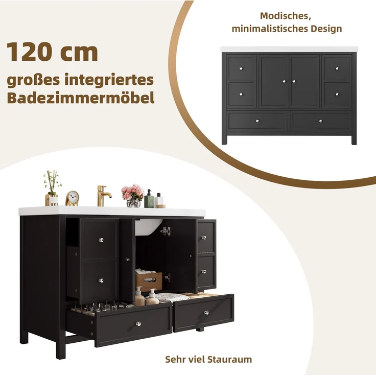 Waschtisch 120x50x86,5 cm – Standwaschtisch mit 4 Schubladen & Harzbecken, Schwarz – Bild 8