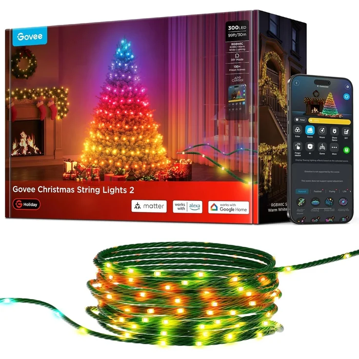 Govee RGBWIC Christmas Lights, 300 LEDs Weilnachtsbeleuchtung Außen, 30M Smarte Lichterkette Innen für Weihnachtsdeko, 130+ Szenen-Modi, Shape Mapping, Kompatibel mit Alexa, Grünes Kabel – Bild 1