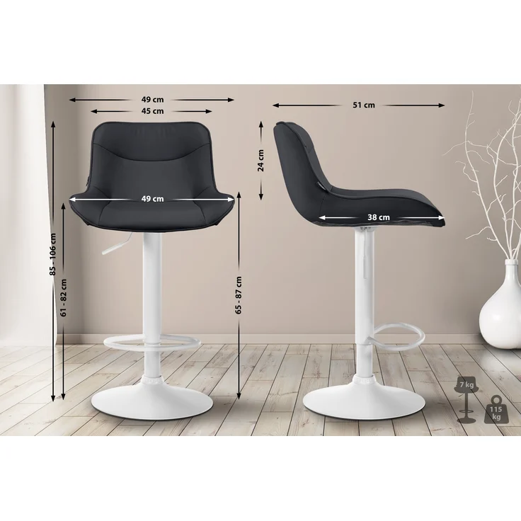 2er Set Barhocker RAGAD - Kunstleder Schwarz 49x51x85 cm Weiß | Barstuhl Höhenverstellbar Mit Lehne Drehbar Tresenhocker Tresenstuhl Kneipenhocker – Bild 8
