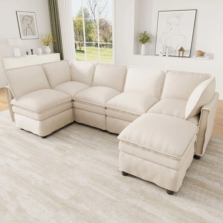 ZUBALIYA Wohnlandschaft 127x91 cm, mit Chenille - Bezug, mit Samtbezug, mit breiten Armlehnen, modular aufgebaut, Beige – Bild 5