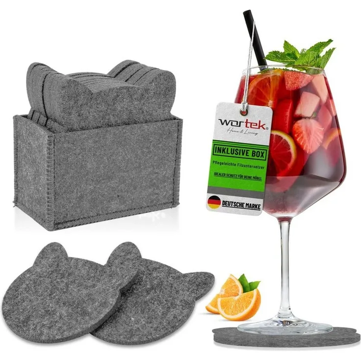 wortek Getränkeuntersetzer Filz-Untersetzer Katze für Gläser 10er Set + Box, Zubehör für Tisch & Gläser, Set, 10-tlg, waschbare Getränke Glasuntersetzer Gläser, Tischuntersetzer Filz 10 cm