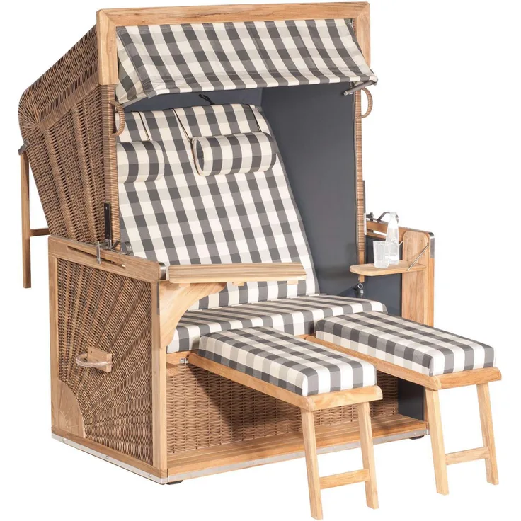 Sonnenpartner Strandkorb Admiral Teak 2-Sitzer XL 3/4-Liegemodell grau/anthrazit mit 2 Nackenrollen
