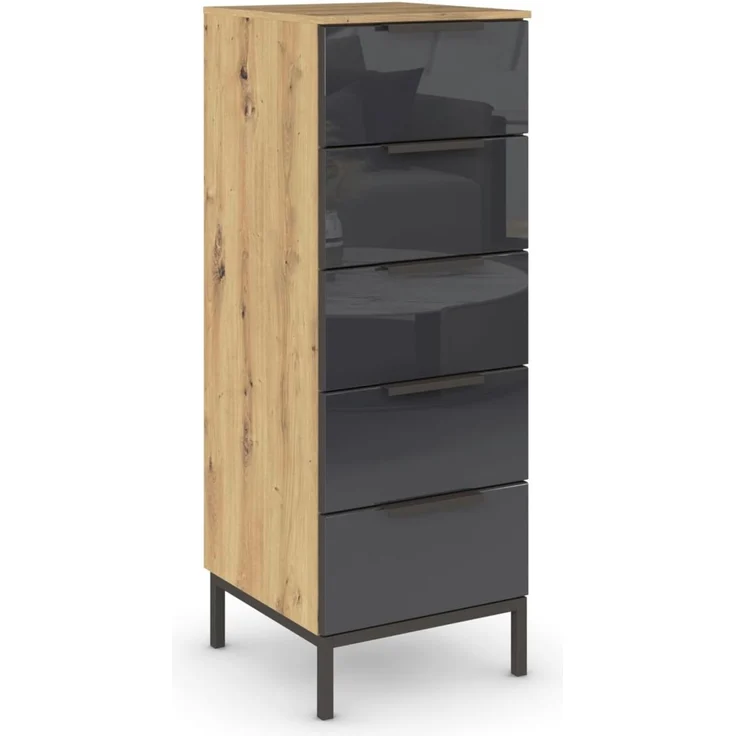 Rauch Möbel Flipp, Nachttisch für Schlafzimmer, Flur, Garderobe, 5 Schubladen, mit Softclose Funktion, Griffe und Metallkufe Graphit, Farbe Eiche Artisan, Holz/Glas Basalt, Schwarz, Breite 40 cm