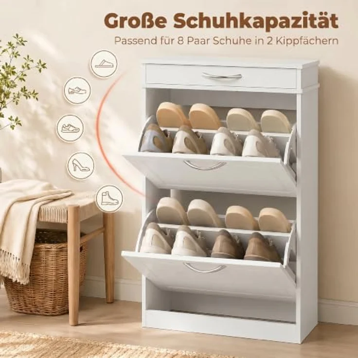 HOMCOM Schuhkipper Schuhschrank mit 2 Klappen für 8 Paar Schuhe, schmal und wasserabweisend, Weiß, 53 x 26,5 x 89 cm – Bild 4