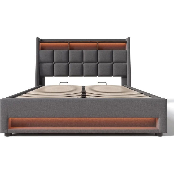 EINHOM Polsterbett mit USB 160 x 200 cm, LED Einzelbett mit Lattenrost aus Metallrahmen, Bettgestell aus Leinenmaterial Jugendbett, Grau (Ohne Matratze) – Bild 7