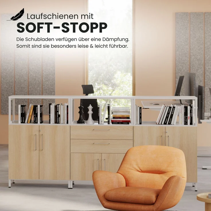 bümö flexi Aktenschrank abschließbar mit Flügeltüren & 2 Schubladen in Graphit/Eiche, Büroschrank mit werkzeuglosem Schnellmontage-Klicksysten in modularer Bauweise, FW48K2KG-G-E-BS – Bild 8