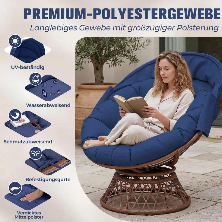 COMHOMA Papasansessel, gemütlicher Drehsessel mit Kissen rund, bequemer Rattansessel, Loungesessel drehbar, runder Relax Korbsessel Rattan für Wohnzimmer, Leseecke, Lounge - BLAU – Bild 4