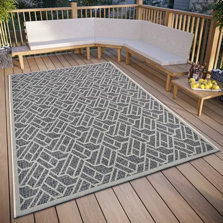 Hanse Home Eru In- & Outdoor Teppich Wetterfest – Modernes Zickzack Muster, Wasserfest robuster Aussenteppich Flachgewebe für Garten, Balkon, Terrasse, Wohnzimmer – Grau Beige, 63x120cm