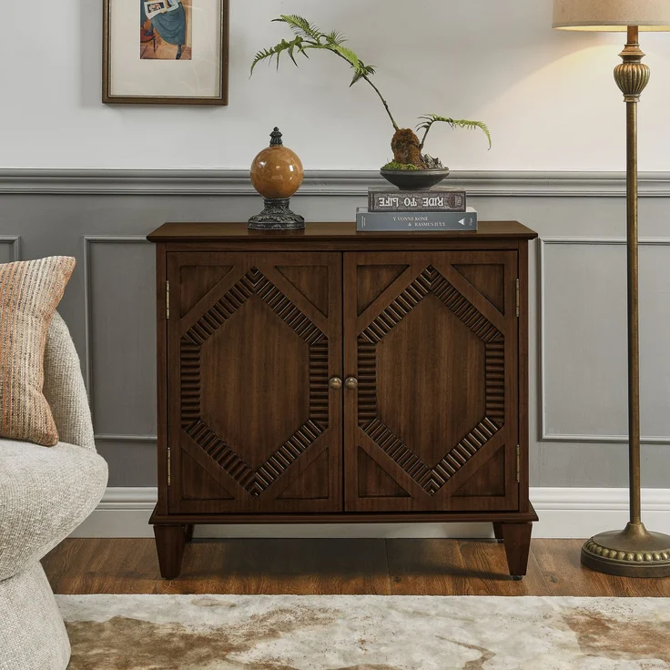 Sideboard in Nussbaumfarbe aus MDF mit Massivholzbeinen und verstellbarem Einlegeboden,H 76.5 x T 85.29 x B 40.01 cm – Bild 3