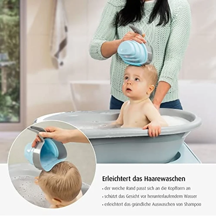 reer MyHappyBath Cup - Haarwaschbecher, Ermöglicht dir das Haarewaschen deines Babys ohne tränen, Flexibler Becher zum einklappen und griff entfernung - optimal für Reisen durch großer Platzersparniss – Bild 4
