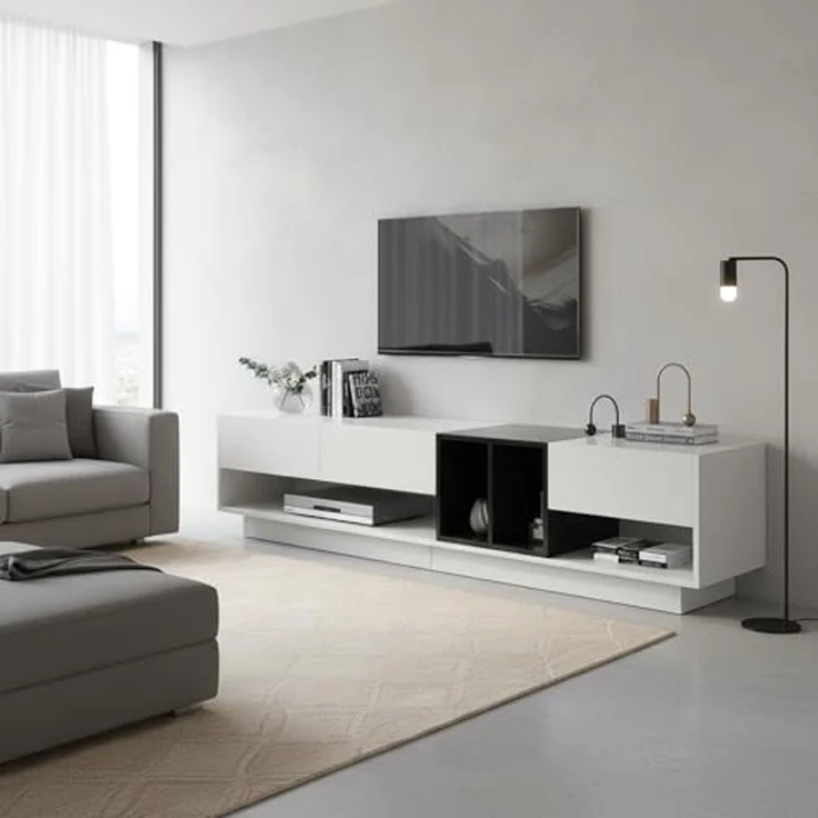 FurnitureR TV-Lowboard in Hochglanzweiß & Holzdekor, 3 Schubladen & offene Medienfächer für modernes Wohnzimmer – Bild 1