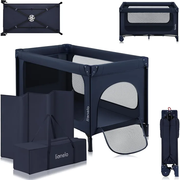 Lionelo Jasmin Easy FoldReisebett für Kinder bis zu 15 kg von 0 bis 36 Monaten Schaumstoffmatratze T25, 2 Höhenstufen, Einfaches Zusammenfalten Easy Fold, Seiteneinstieg, Rollen