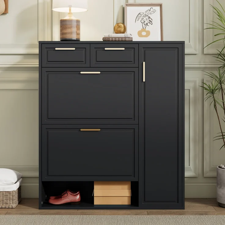 ZUBALIYA Schuhschrank (95 x 24 x 107 cm), 2 Schubladen, Verstellbare Einlegeböden, Stauraum für Flur und Eingangsbereich, Schwarz – Bild 2