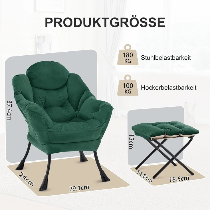 Sessel Ottomane Ohrensessel Relaxsessel Seitentasche Grün – Bild 2