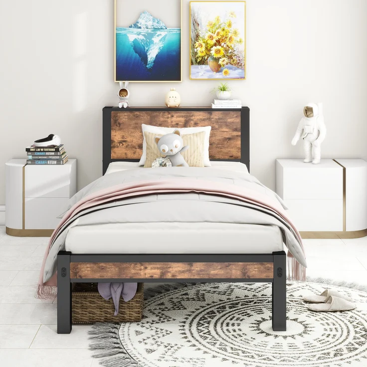 Bett 90x200 cm mit Stauraum – Einzelbettgestell aus MDF und Metall in Antique brown – Bild 2